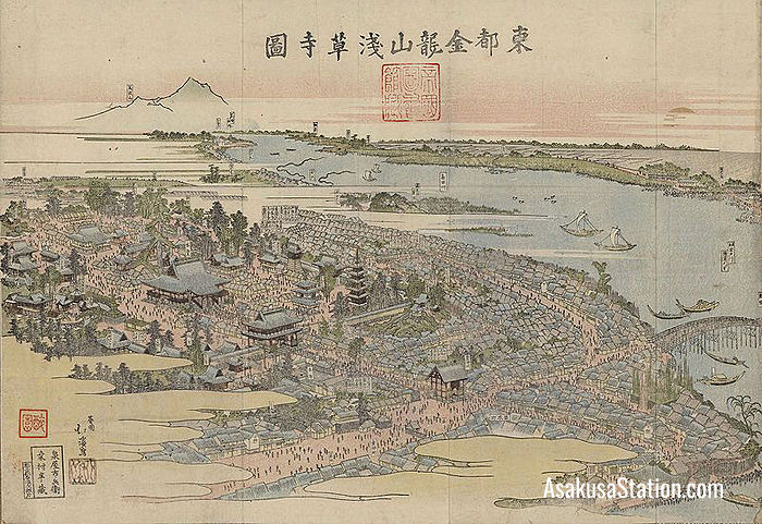A print by Totoya Hokkei shows Sensoji Temple in 1820 (Public Domain)