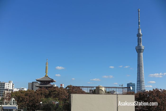A view of the Asakusa skyline and Tokyo Skytree from the 4th floor of Marugoto Nippon