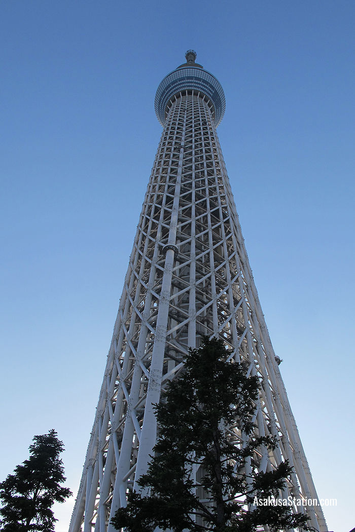 A close-up view of Tokyo Skytree seen from the Tokyo Solamachi commercial complex