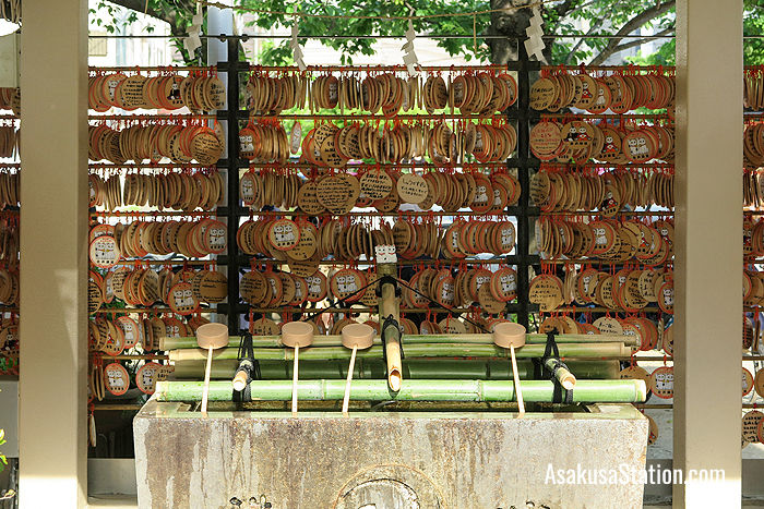 A basin for ritual washing surrounded by ema prayer plaques, at Imado Jinja