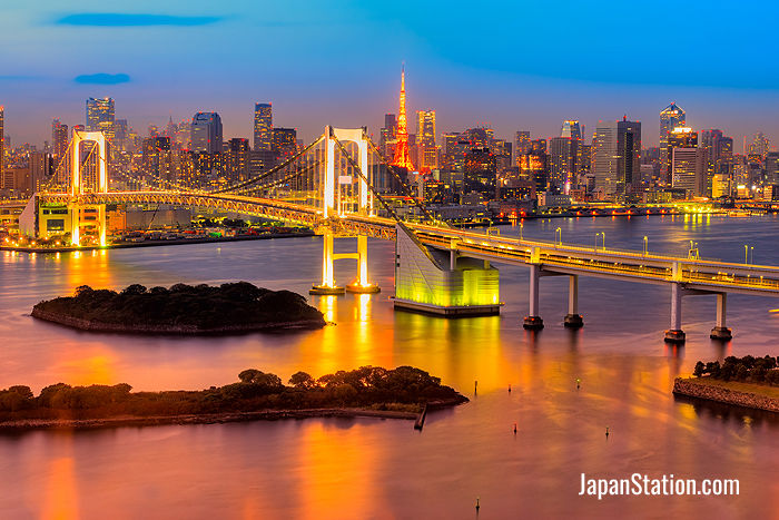 Tokyo’s Rainbow Bridge towers over the Daiba island fortresses constructed in the 19th century
