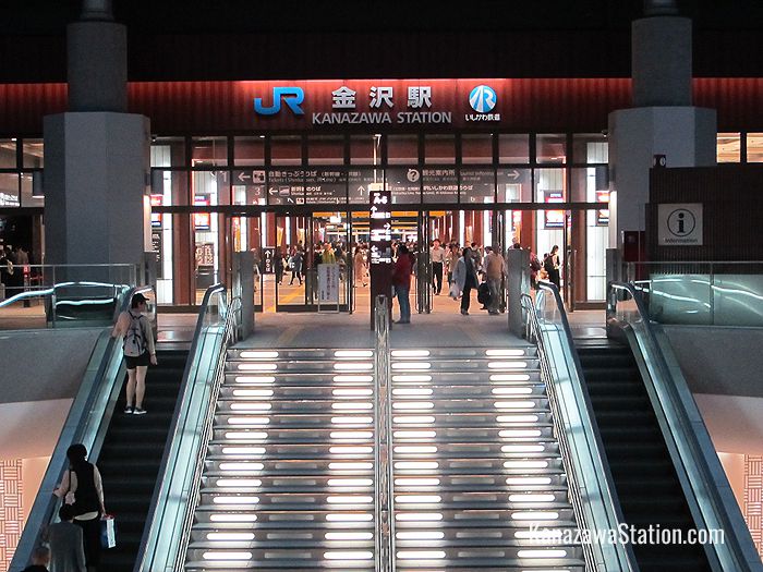 The East Exit of Kanazawa Station. Escalators in front of the exit go underground to the Hokutetsu Kanazawa Station