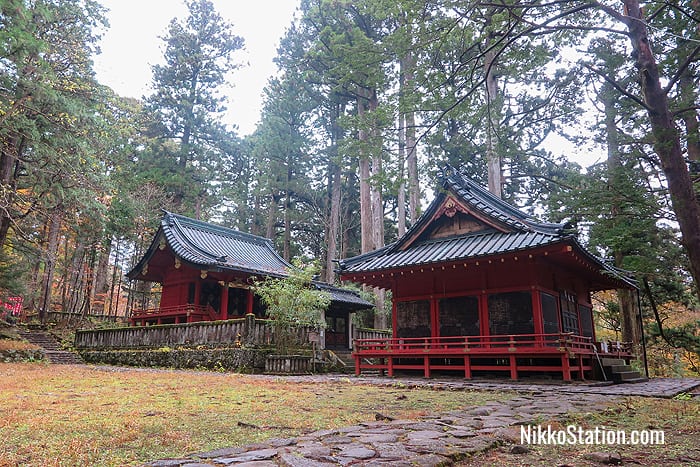 The Haiden on the right and the Honden on the left