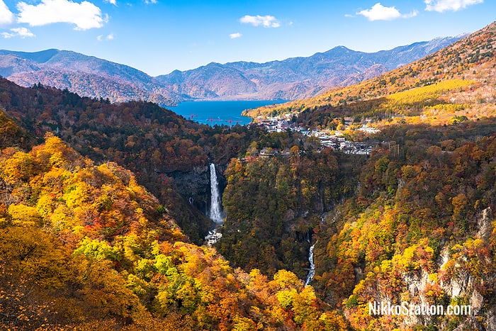 Kegon Falls and Lake Chuzenji viewed from the Akechidaira Observatory