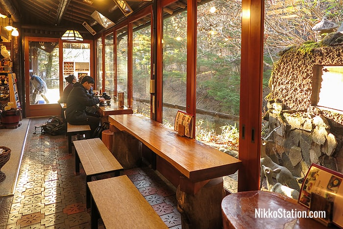 Counter seating overlooking the falls