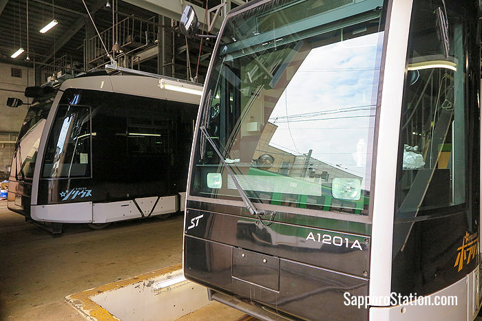 A close-up of the Polaris and Sirius streetcars