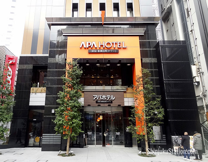APA Hotel Shinjuku Kabukicho Tower’s front entrance looks out over a square in Kabukicho