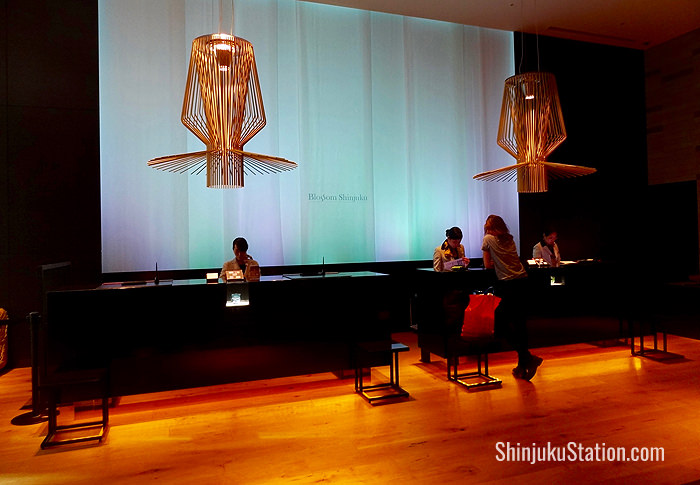 The lobby’s illuminated front desk