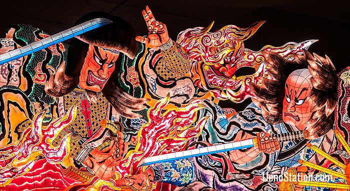 An illuminated Nebuta float