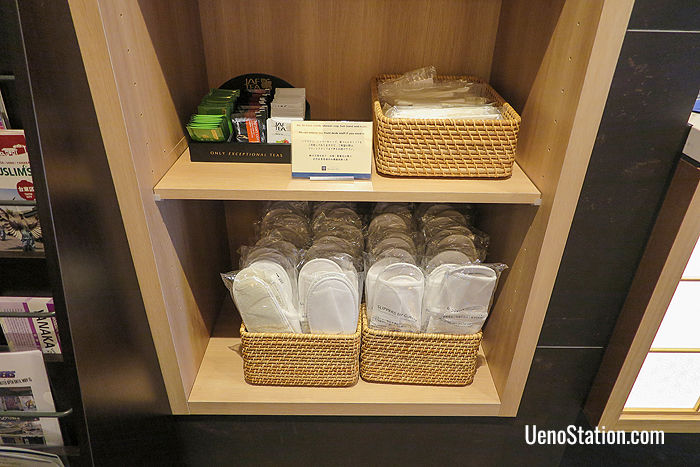 Free tea, coffee, extra slippers and other amenities are available in the lobby